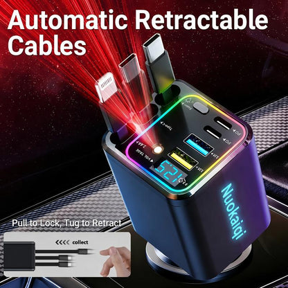 🚗 Fast Charging 7-in-1 Retractable Fast Car Charger with Voltage Display – USB-C For Android&Lighting For APPLE