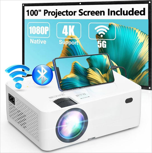 Proyector con WiFi 5G y Bluetooth, resolución nativa Full HD 1080P, función de duplicación de pantalla inalámbrica, compatible con TV Stick, HDMI, reproductor de DVD y conexión AV para cine en casa