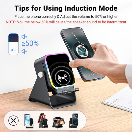 🔥 50% DE DESCUENTO 🔥🎵 Bocina Bluetooth 5 en 1 con Carga por Inducción y Soporte Ajustable para Celular