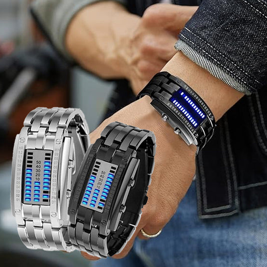 ⌚ 50% RABATT! 💙 Coole Herrenuhr im Binary-Design – Edelstahl, LED-Armband, vakuumbeschichtet & stilvoll mit blauem Licht ✨
