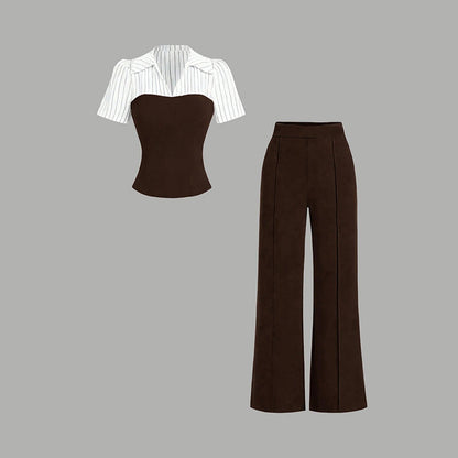 👔 LIMITED-TIME 50% RABATT! ✨ 2-teiliges Set – Gestreiftes Revers, Weite Hose, V-Ausschnitt, Elegant 🍂