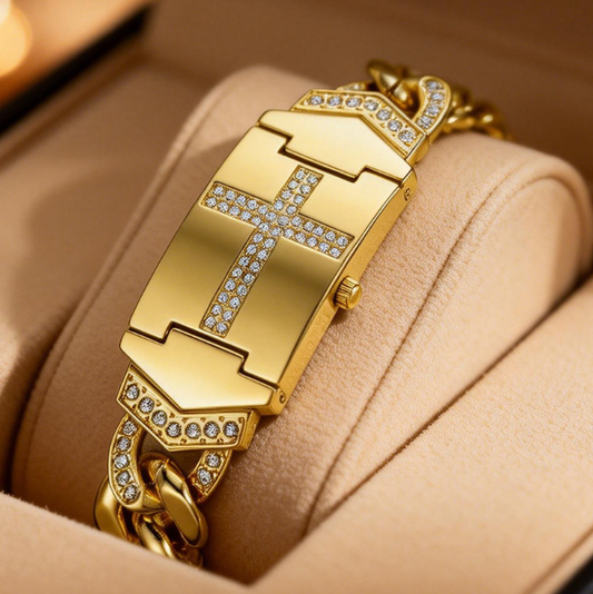 Eine sommerlich anmutende Uhr, verziert mit einem funkelnden Kristallkreuz, einem geometrischen rechteckigen Zifferblatt und einem hochwertigen Metallarmband – eine elegante Wahl für jeden Tag.