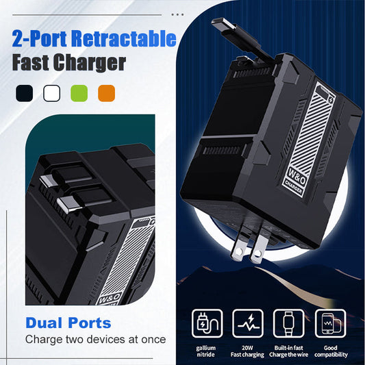 2-Port Retractable Fast Charger 🔌 Charge Two Devices at Once, Cable Retracts in a Second ⚡