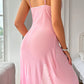 Vestido de mujer sexy floral, escote en V, abertura alta y panel transparente.