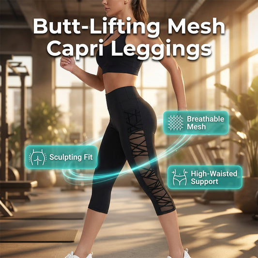 🧘‍♀️ Leggings de yoga para mujer con efecto push-up y paneles de malla – Cintura alta con control de abdomen | Elasticidad en 4 direcciones | Bolsillos laterales | Pantalones capri de entrenamiento a prueba de sentadillas 💨