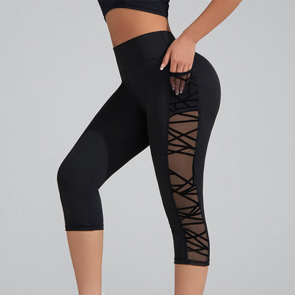 🧘‍♀️ Leggings de yoga para mujer con efecto push-up y paneles de malla – Cintura alta con control de abdomen | Elasticidad en 4 direcciones | Bolsillos laterales | Pantalones capri de entrenamiento a prueba de sentadillas 💨