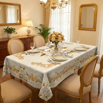 🌸🍽️ ¡50 % de descuento! Mantel impermeable con rosas doradas – efecto gofrado, resistente a las manchas, elegante.
