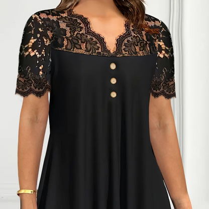 Blusa de encaje con escote en V y manga corta para mujer