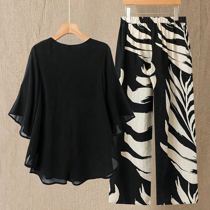 ⌛ Oferta por tiempo limitado – 50 % de descuento 🔥 Conjunto para mujer: blusa de manga con vuelo y pantalón de pierna ancha.