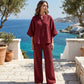 Conjunto para mujer: blusa de cuello alto y pantalón de pierna ancha